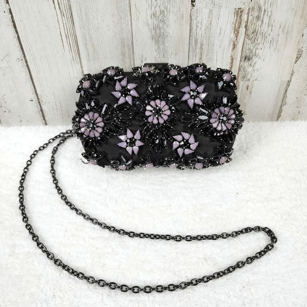 Natasha Beaded Evening Clutch Bag Purse Black Lilac